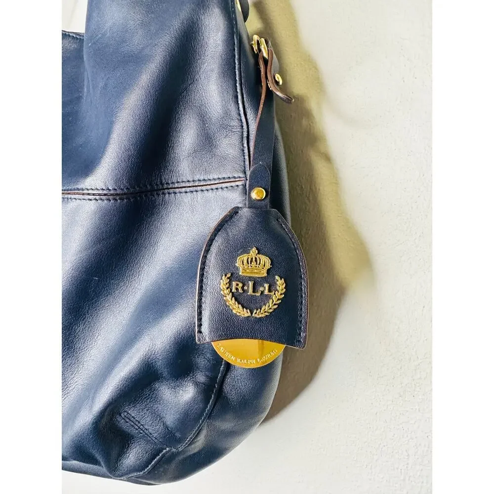 LAUREN RALPH LAUREN Navy Blue Front Pocket Leather Hobo Bag Purse - Picture 3 of 13